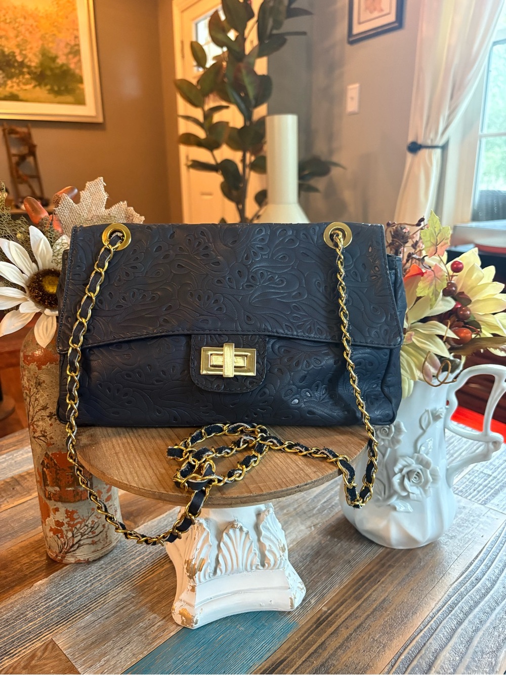 Italian Real Leather Navy Blue Embossed Chain Shoulder Bag